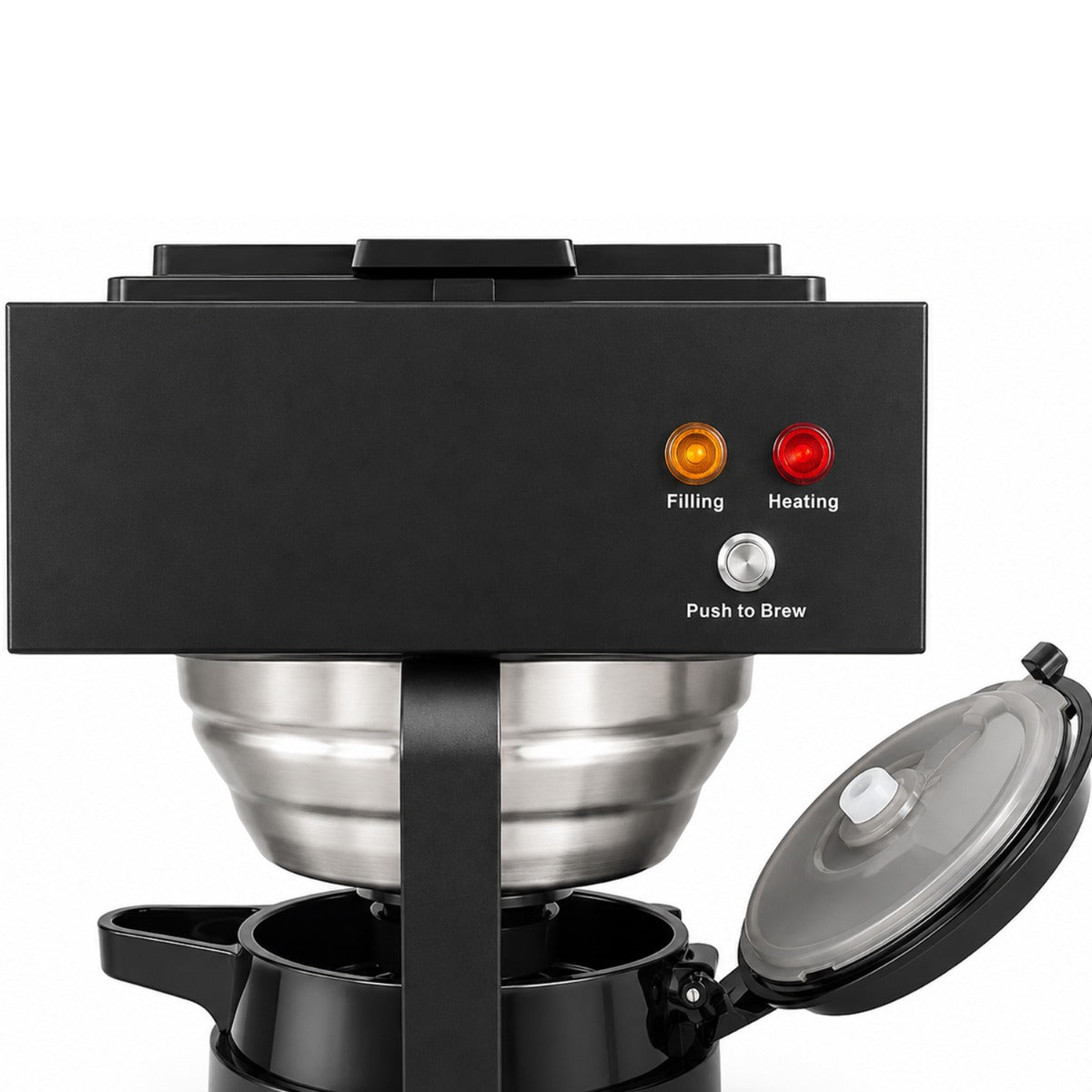 Prepline CAFE-1W automatic airpot coffee brewer, control panel and brew basket with airpot lid open