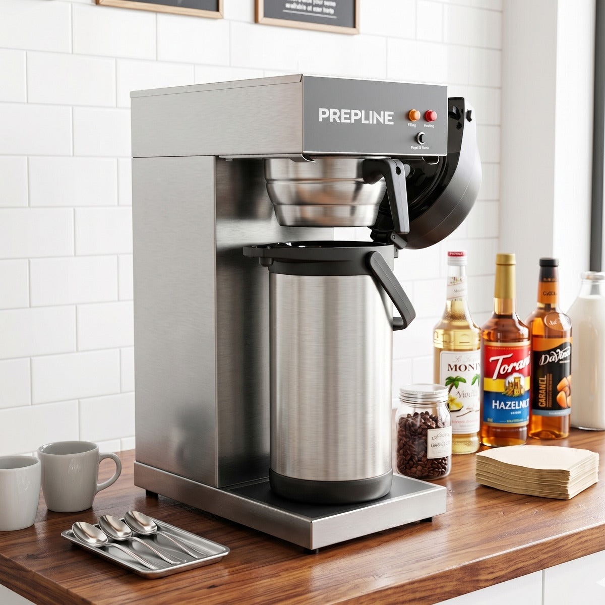 Prepline CAFE-1W automatic airpot coffee brewer, on a coffee station counter with airpot