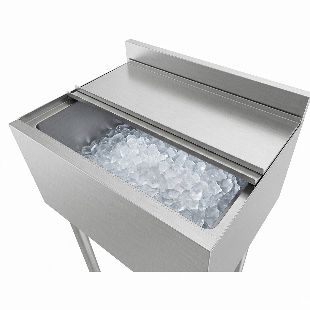Prepline PIB183612L underbar ice bin, sliding lid open over ice (representative image)