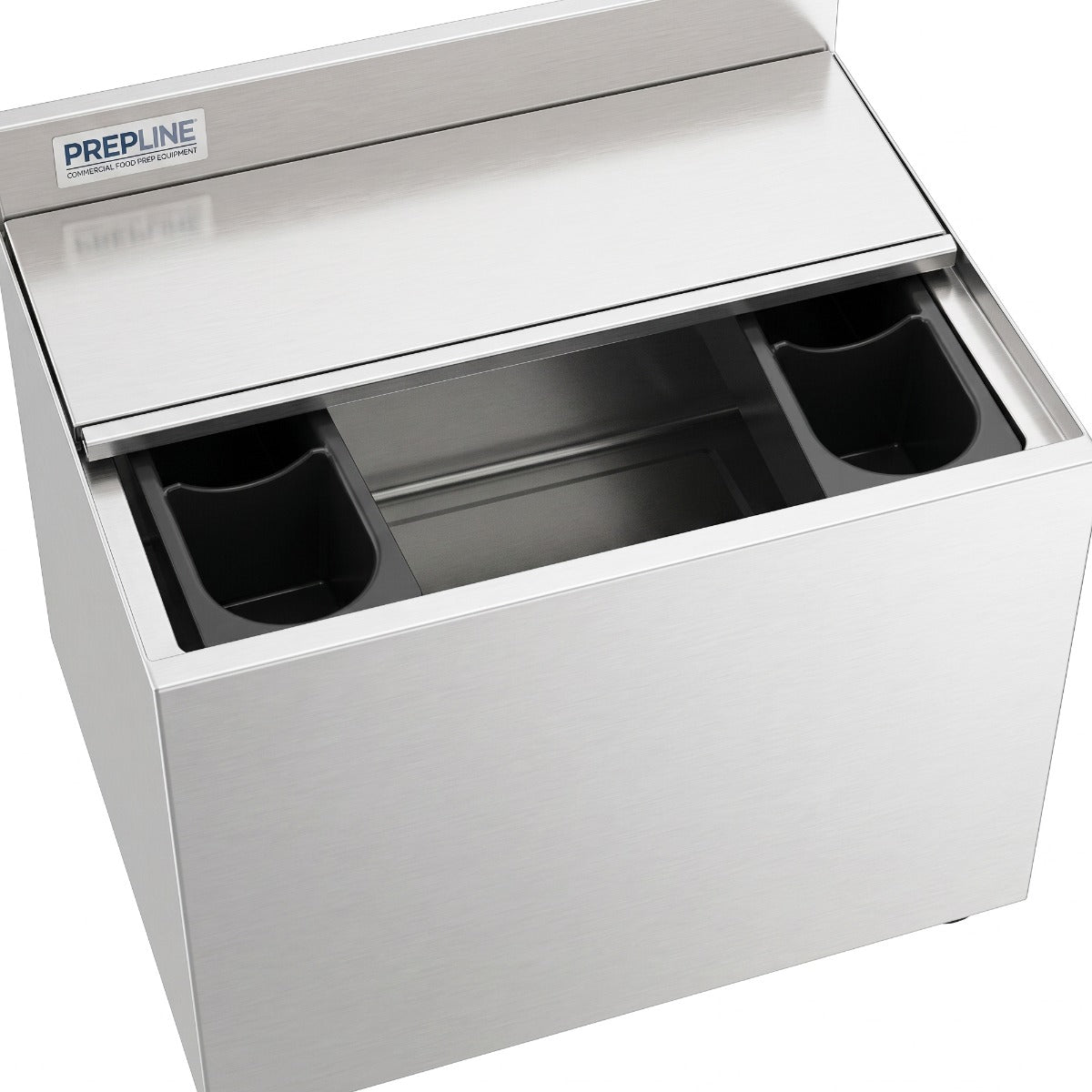 Prepline PIB183608L underbar ice bin, sliding lid, close-up (representative image)