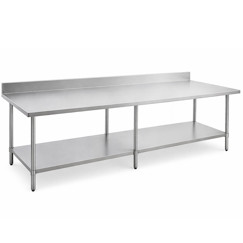 Prepline PWTG-2484-4BS stainless steel work table with 4 inch backsplash and undershelf, angle view (representative image)