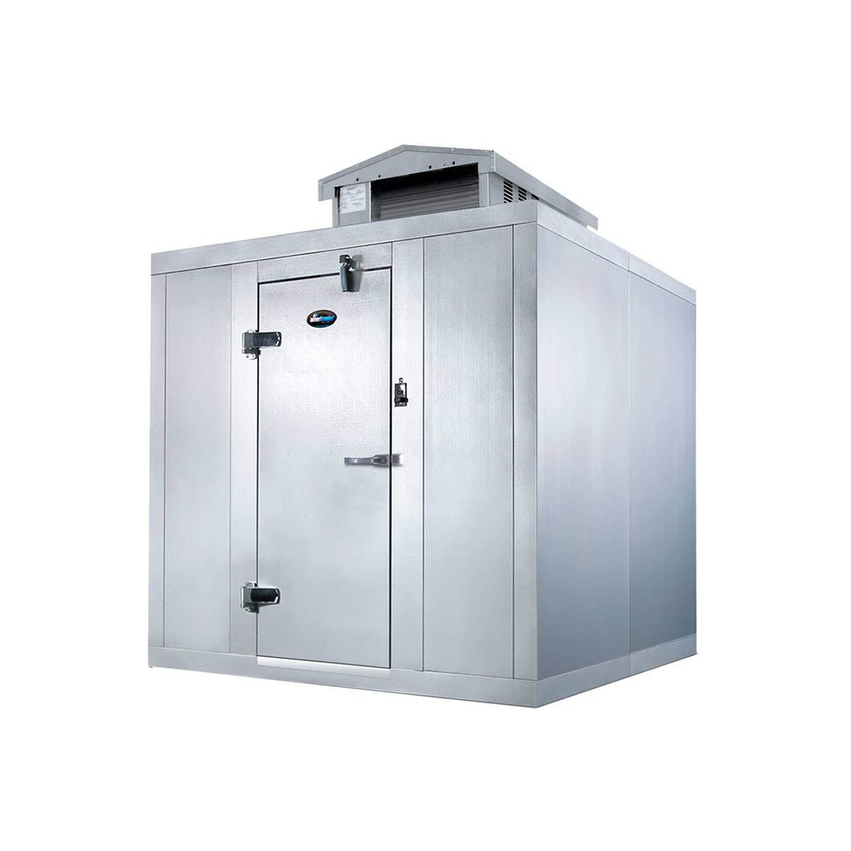 Amerikooler QC081277FBSC-O 8' x 12' outdoor walk-in cooler, representative photo with hooded top mounted condensing unit