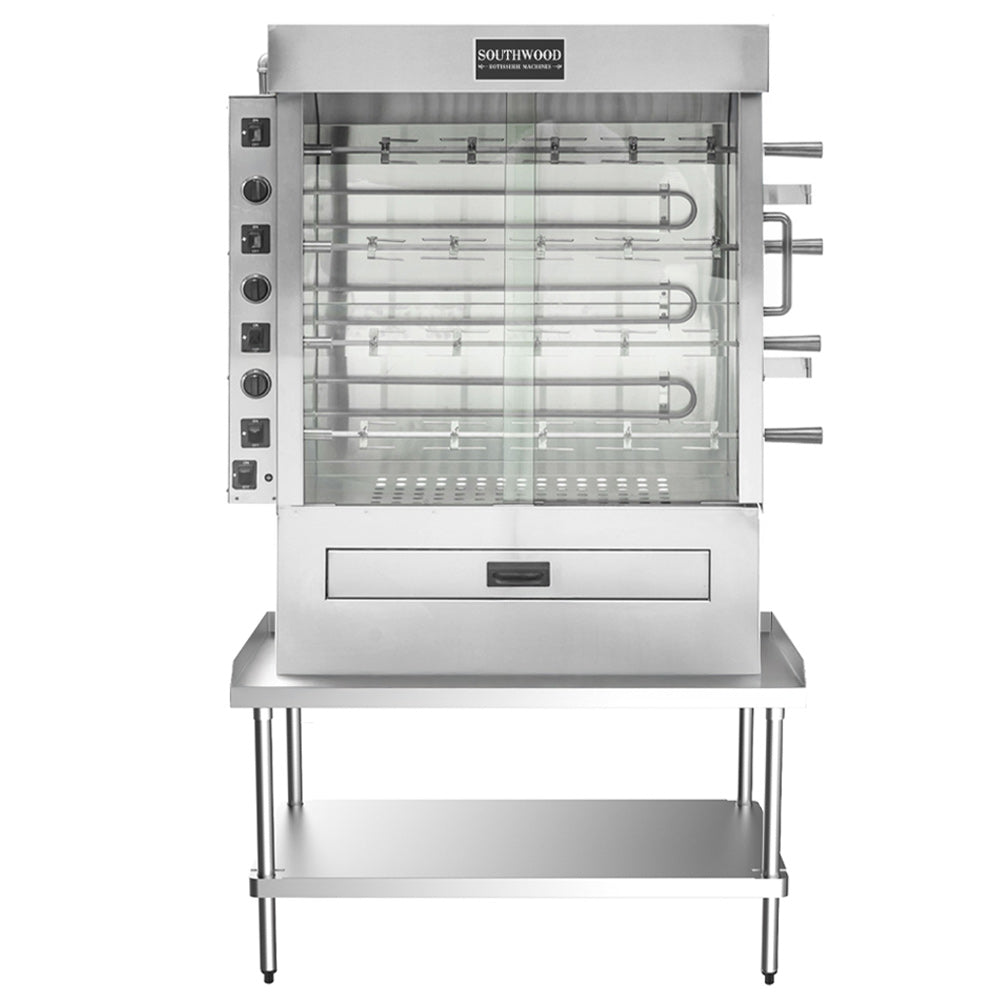 Southwood RE4 electric 4-spit chicken rotisserie oven, on an optional equipment stand (stand sold separately), front view