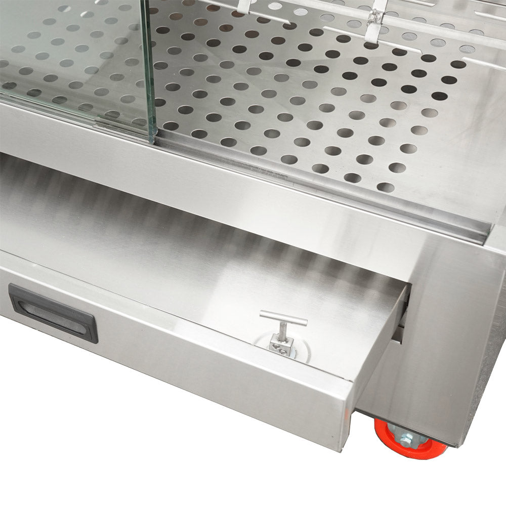 Southwood RE7 electric 7-spit chicken rotisserie oven, drip drawer, close-up