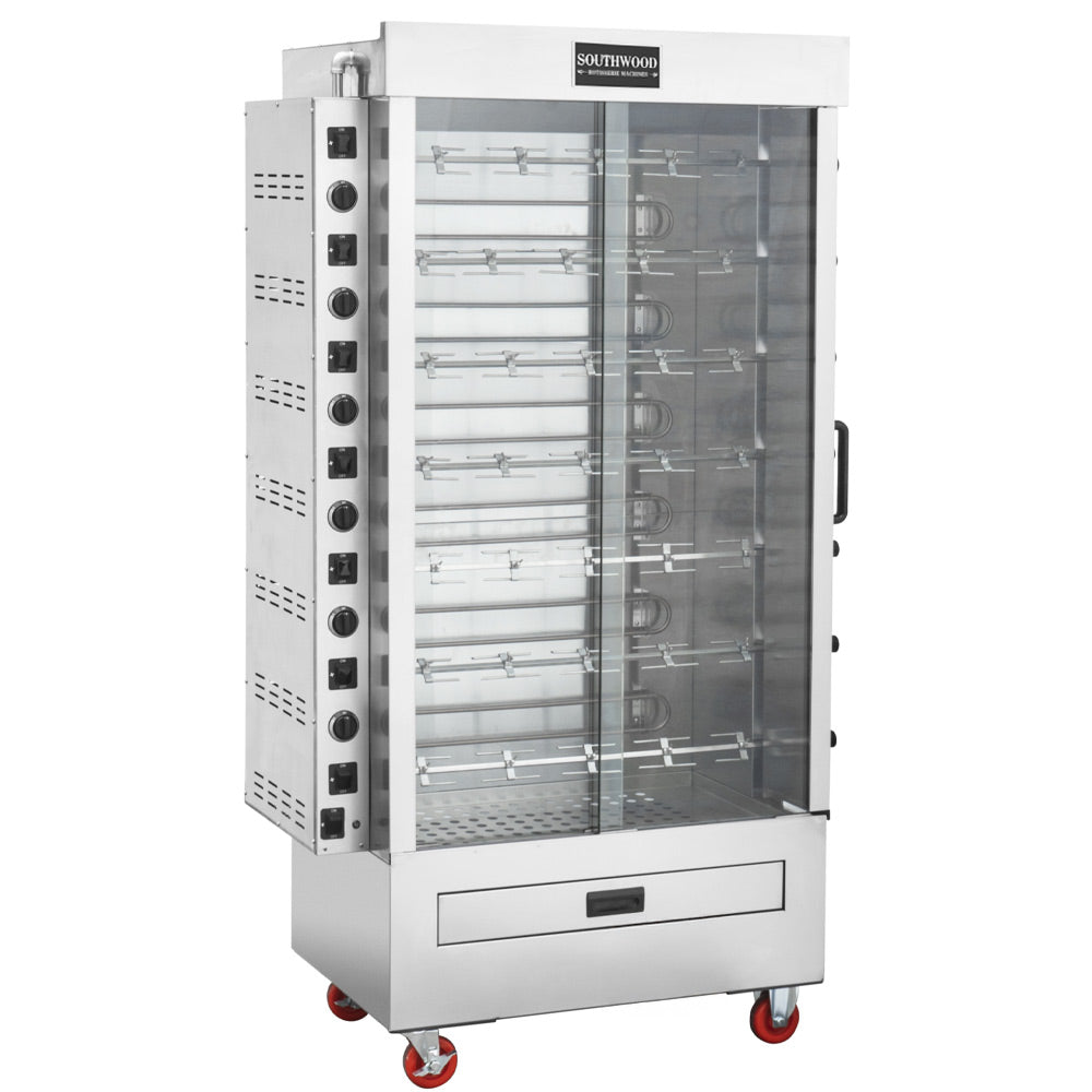 Southwood RE7 electric 7-spit chicken rotisserie oven, angled front view showing the controls