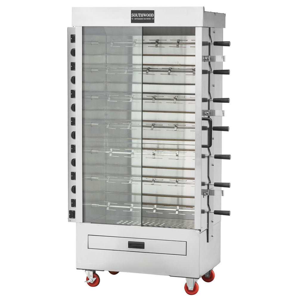 Southwood RE7 electric 7-spit chicken rotisserie oven, front view on casters