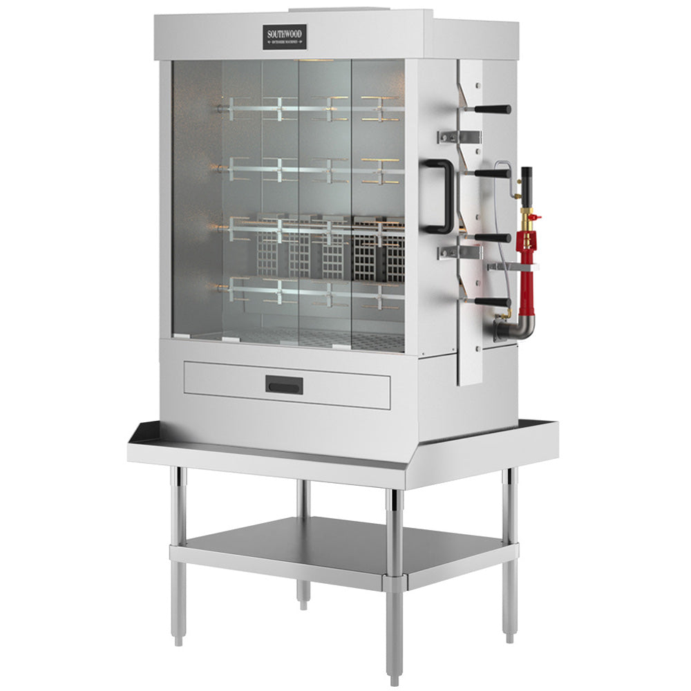 Southwood RG4-NG gas 4-spit chicken rotisserie oven, on an optional equipment stand (sold separately), front angle view