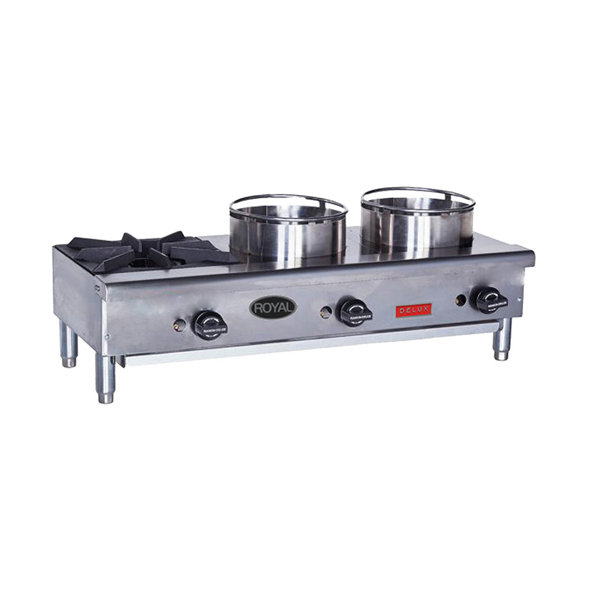 Royal Range ORHP Delux Flex System wok hot plate with wok rings and stock pots, front view (representative image, 36" ORHP-336 shown)