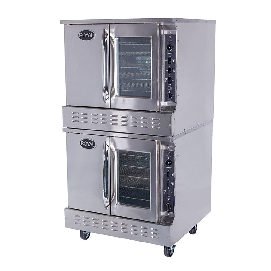 Royal Range RCOD-2 double-deck gas convection oven, front angle view, shown with optional casters