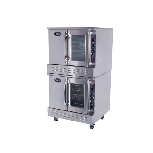 Royal Range RCOS-2-HE double-deck gas convection oven, front angle view, shown with optional casters