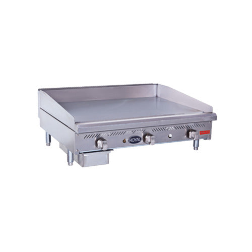 Royal Range RDMG-36-D manual gas griddle, front angle view