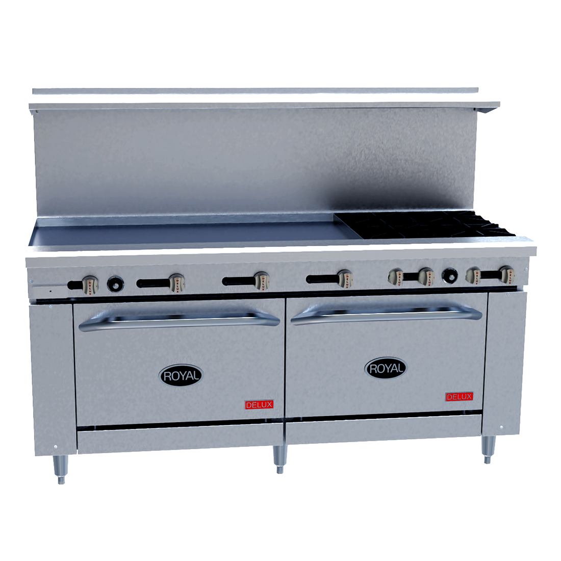 Royal Range Delux Series gas restaurant range, front angle view (representative image; the size, top, ovens and casters shown differ from this model)