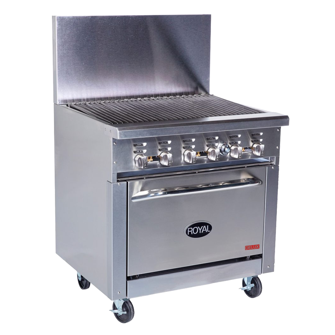 Royal Range RDR-36RB-126 36" Delux radiant broiler range with 26.5" oven, front angle view, shown with optional casters