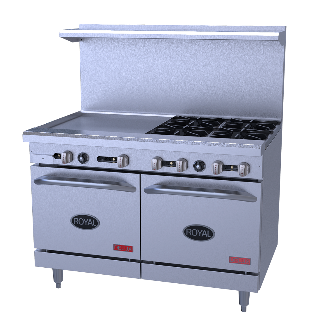 Royal Range Delux Series gas restaurant range, front angle view (representative image; the size, top, ovens and casters shown differ from this model)