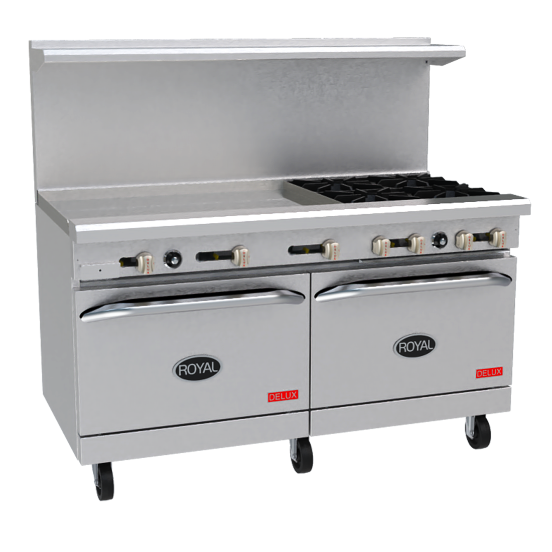 Royal Range Delux Series gas restaurant range, front angle view (representative image; the size, top, ovens and casters shown differ from this model)