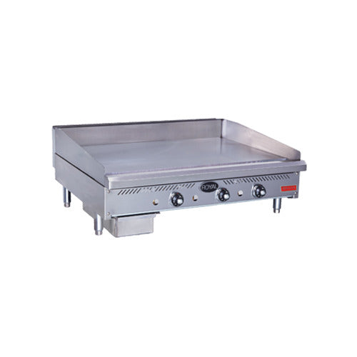 Royal Range RDTG-D-series thermostatic gas griddle, front angle view (representative image, 36" model shown)