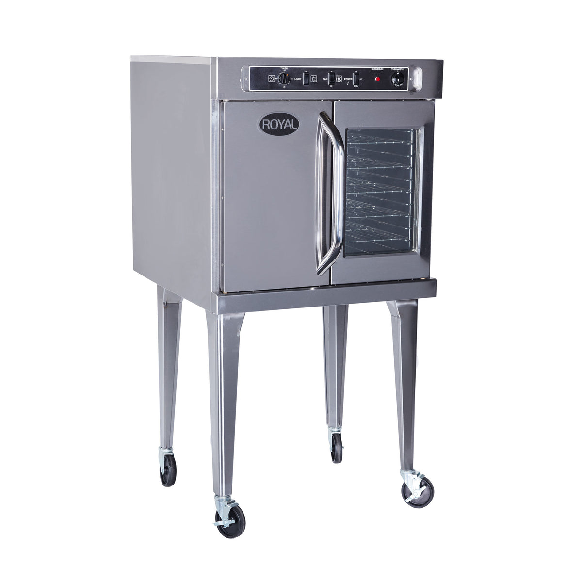 Royal Range RECO-6K-1 single-deck electric convection oven, front angle view, shown with optional casters