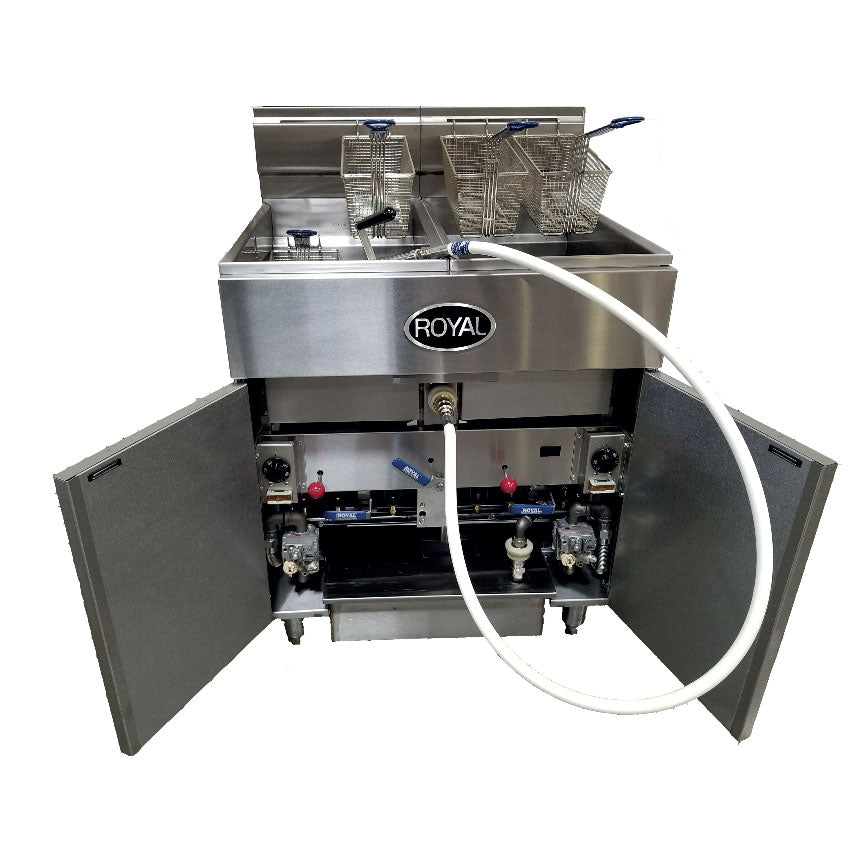 Royal Range REEF-35 fryer battery with built-in filter, doors open showing the filter hose (representative image, 2-tank model shown)