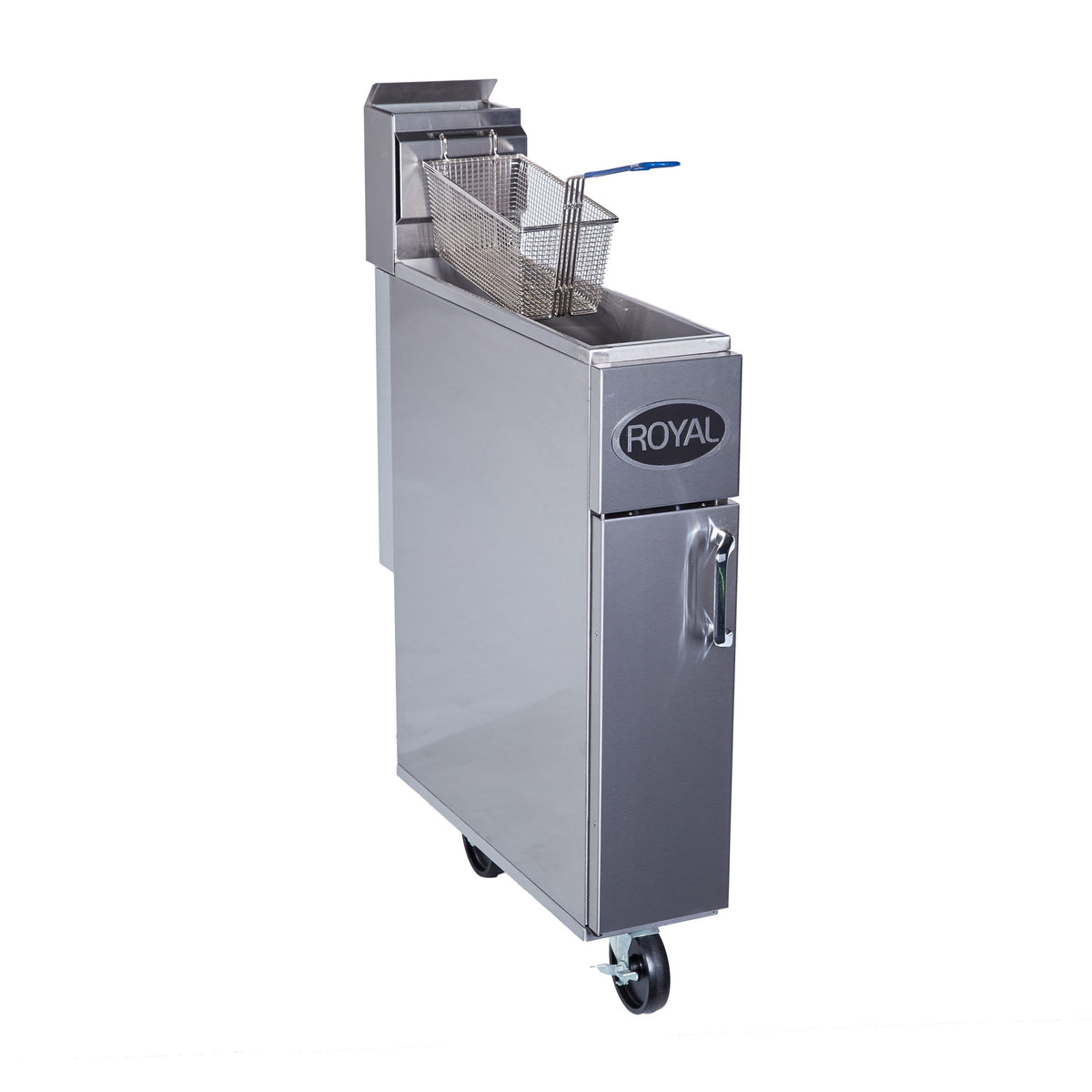 Royal Range RFT-25 half-size add-on gas fryer, front angle view, shown with optional casters