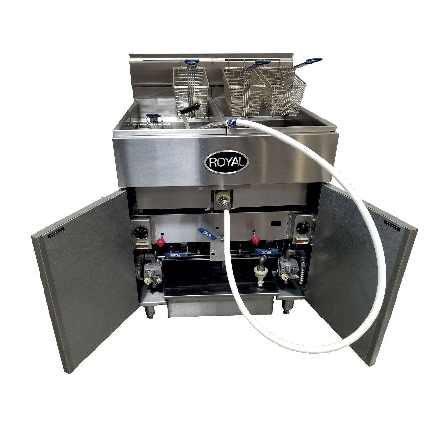 Royal Range RFT-50 fryer battery with built-in filter, doors open showing the filter hose (representative image, 2-tank model shown)