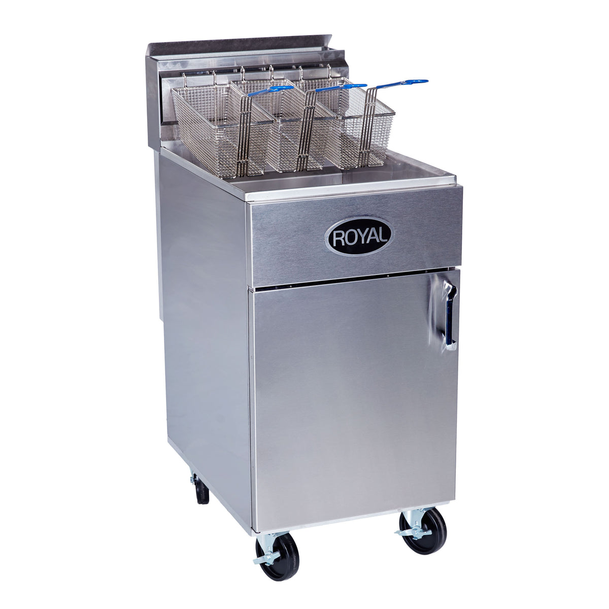 Royal Range RFT-60 gas fryer, front angle view, shown with optional casters