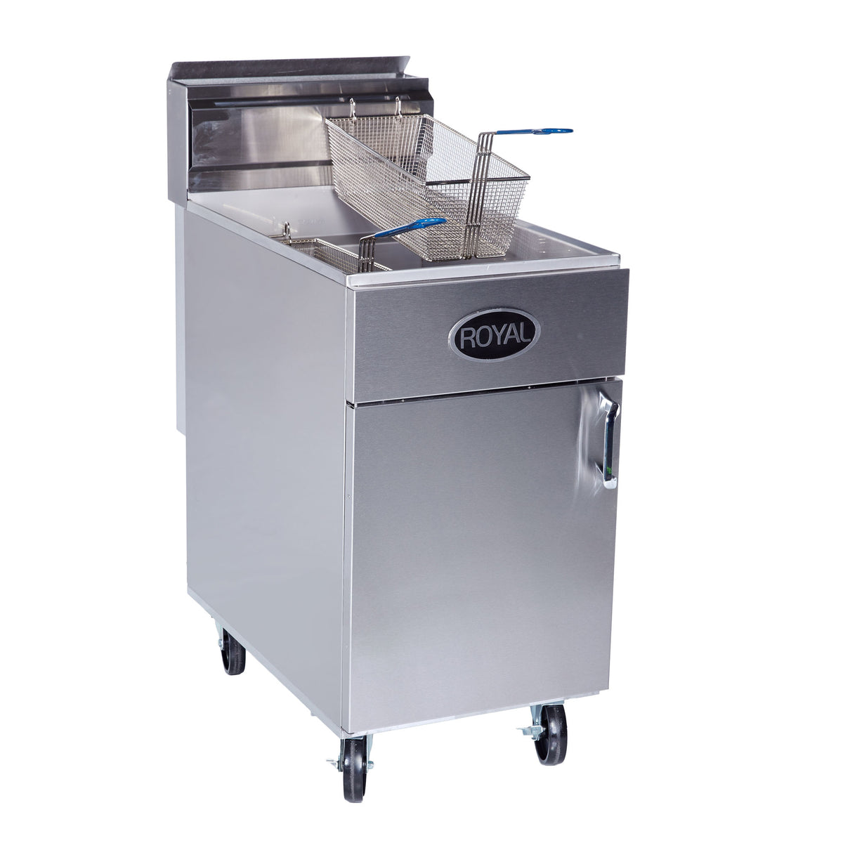 Royal Range RFT-75 gas fryer, front angle view, shown with optional casters