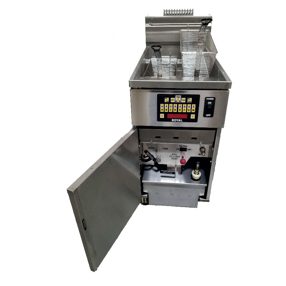Royal Range RHEF-45 high efficiency fryer with built-in filter, door open showing the filter pan (representative image, single-tank CM model shown)