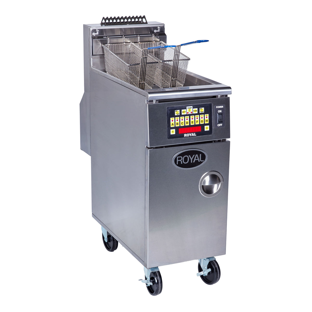 Royal Range RHEF-45-CM high efficiency gas fryer, front angle view, shown with optional casters