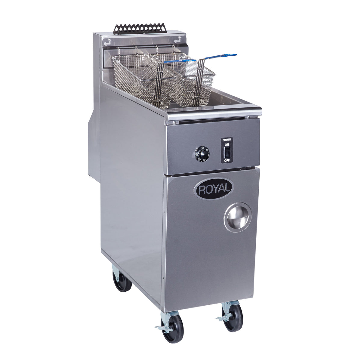 Royal Range RHEF-45-DM high efficiency gas fryer, front angle view, shown with optional casters