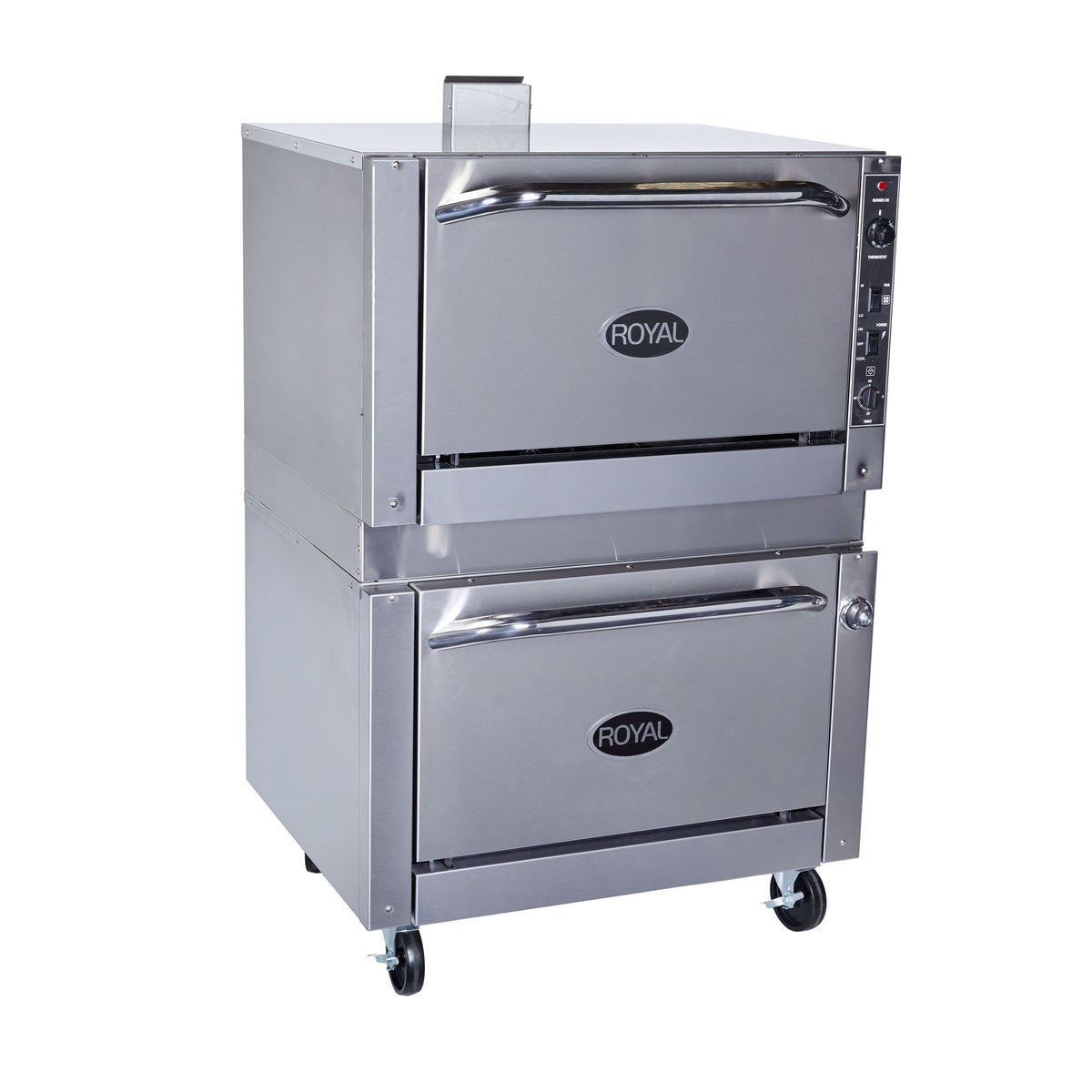 Royal Range RR-36 double deck gas oven, front angle view, shown with optional casters (representative image)