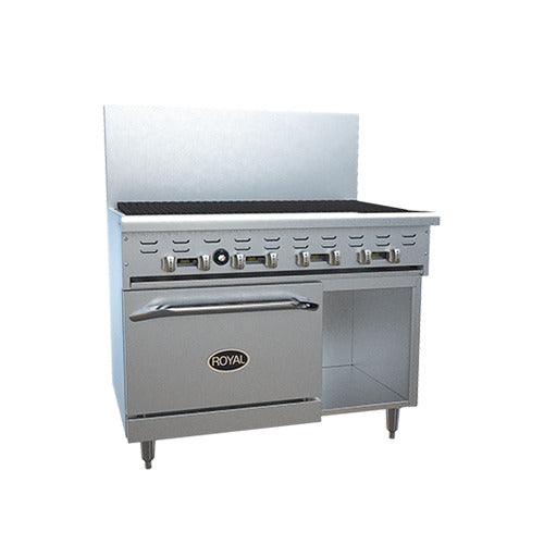 Royal Range 48" radiant broiler range, front angle view (representative image: standard-oven RR-48RB-126 shown; this model has a convection oven)