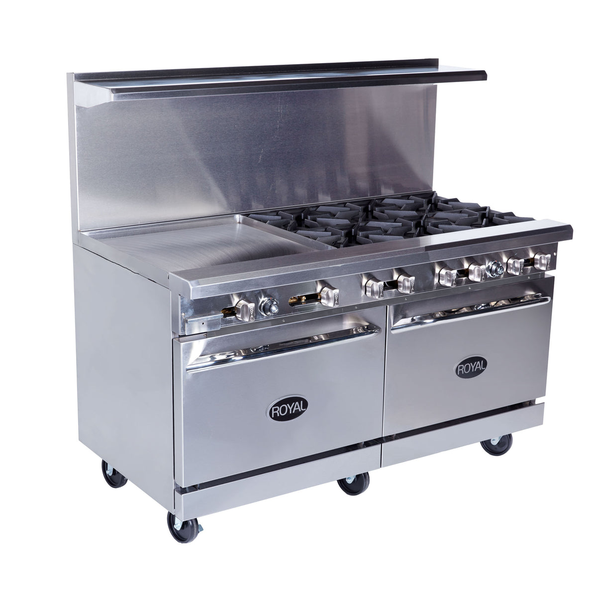 Royal Range Royal Series gas restaurant range, front angle view (representative image; the size, top, ovens and casters shown differ from this model)