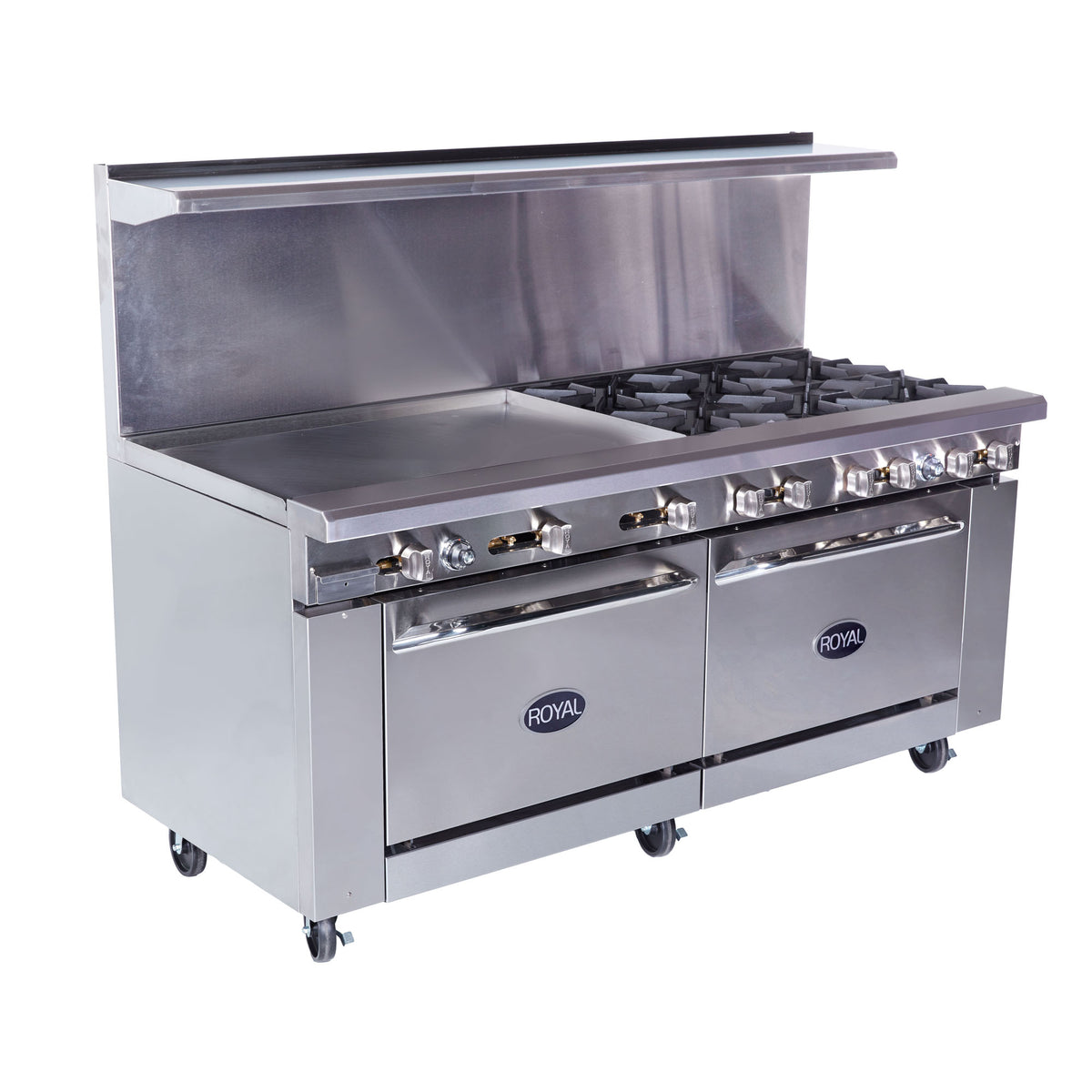 Royal Range Royal Series gas restaurant range, front angle view (representative image; the size, top, ovens and casters shown differ from this model)