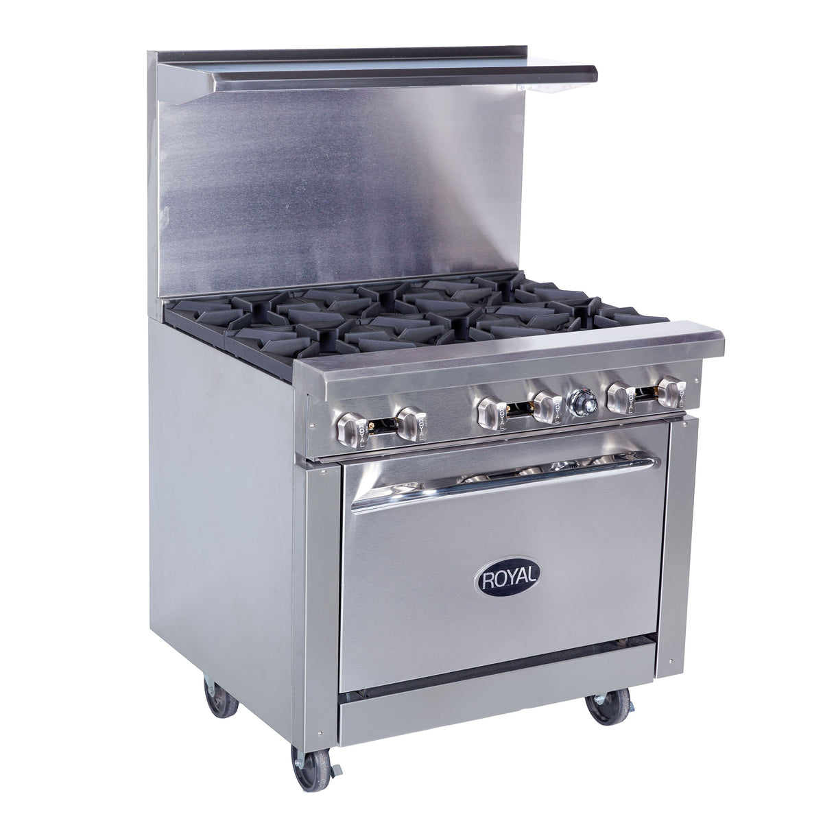 Royal Range Royal Series gas range, front angle view (representative image: a 36" 6-burner range with one standard oven is shown, not this 48" step-up model)