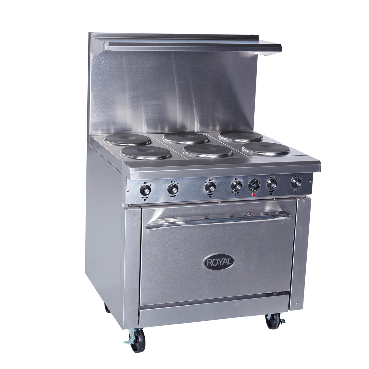Royal Range RRE-6 36" electric range, front angle view, shown with optional casters (representative image: standard-oven RRE-6 shown)