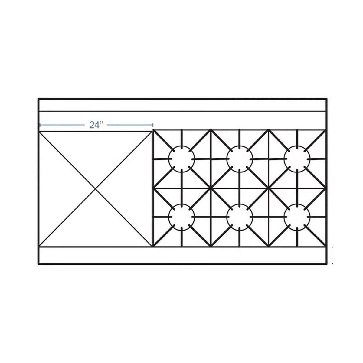 Southbend S60AA-2GL S-Series 60 inch gas range top-view drawing with a 24 inch griddle on the left and 6 open burners