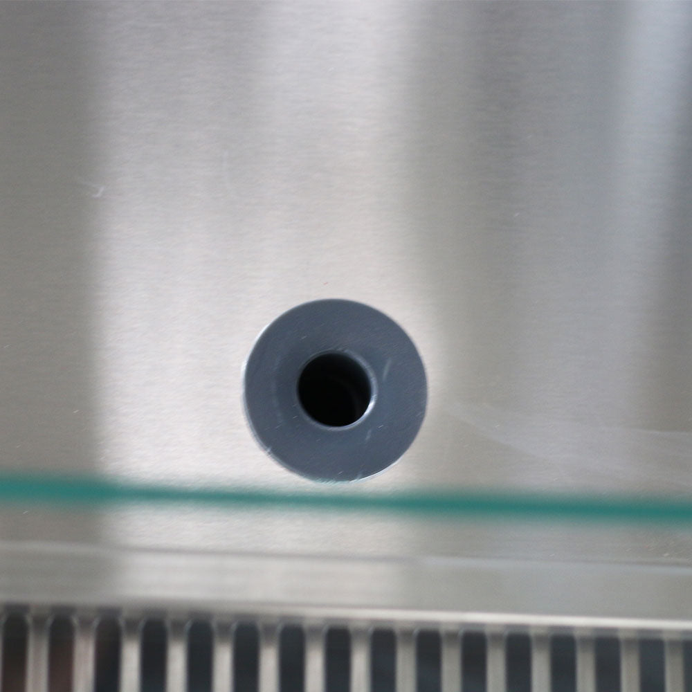Coldline SDC98-F refrigerated fish display case, glass support bracket, close-up