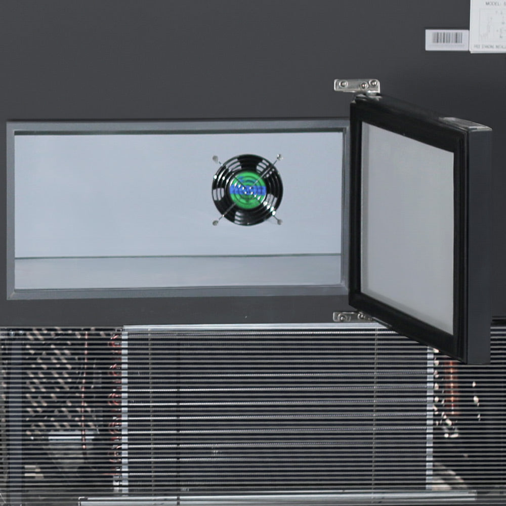 Coldline SDC98-F refrigerated fish display case, rear compressor grille, close-up