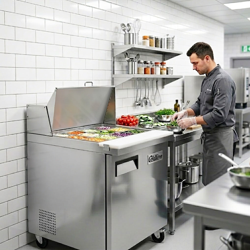 Coldline SMP27 sandwich prep table, lid open with ingredients in the pans (representative image)