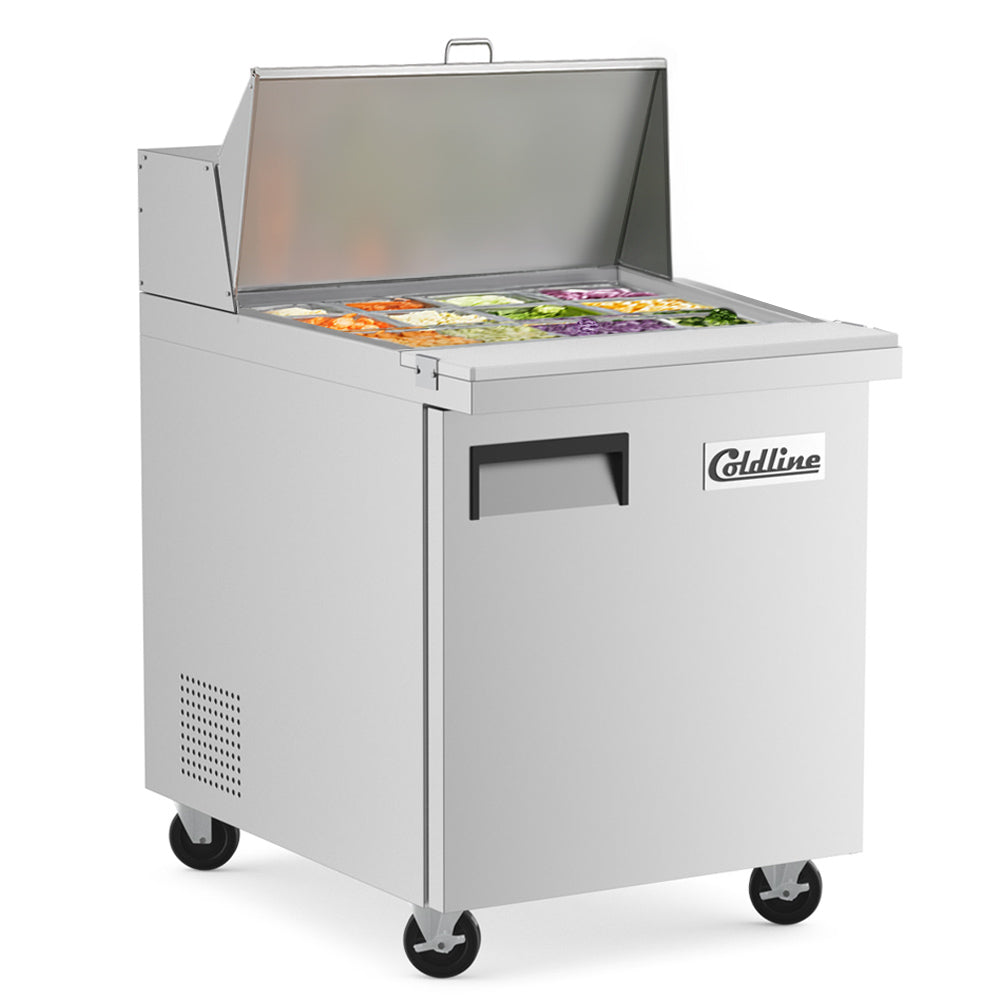 Coldline SMP27 sandwich prep table, lid open with ingredients in the pans (representative image)