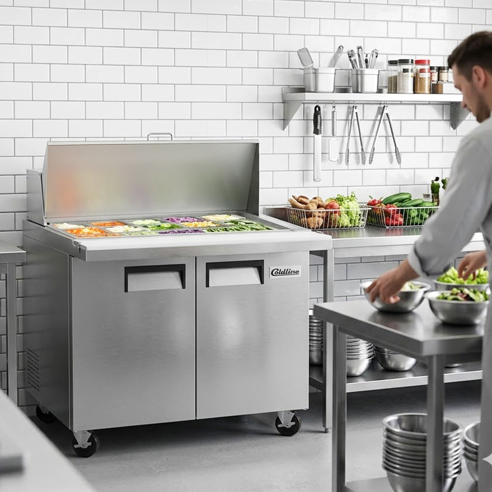 Coldline SMP36 sandwich prep table, lid open with ingredients in the pans (representative image)