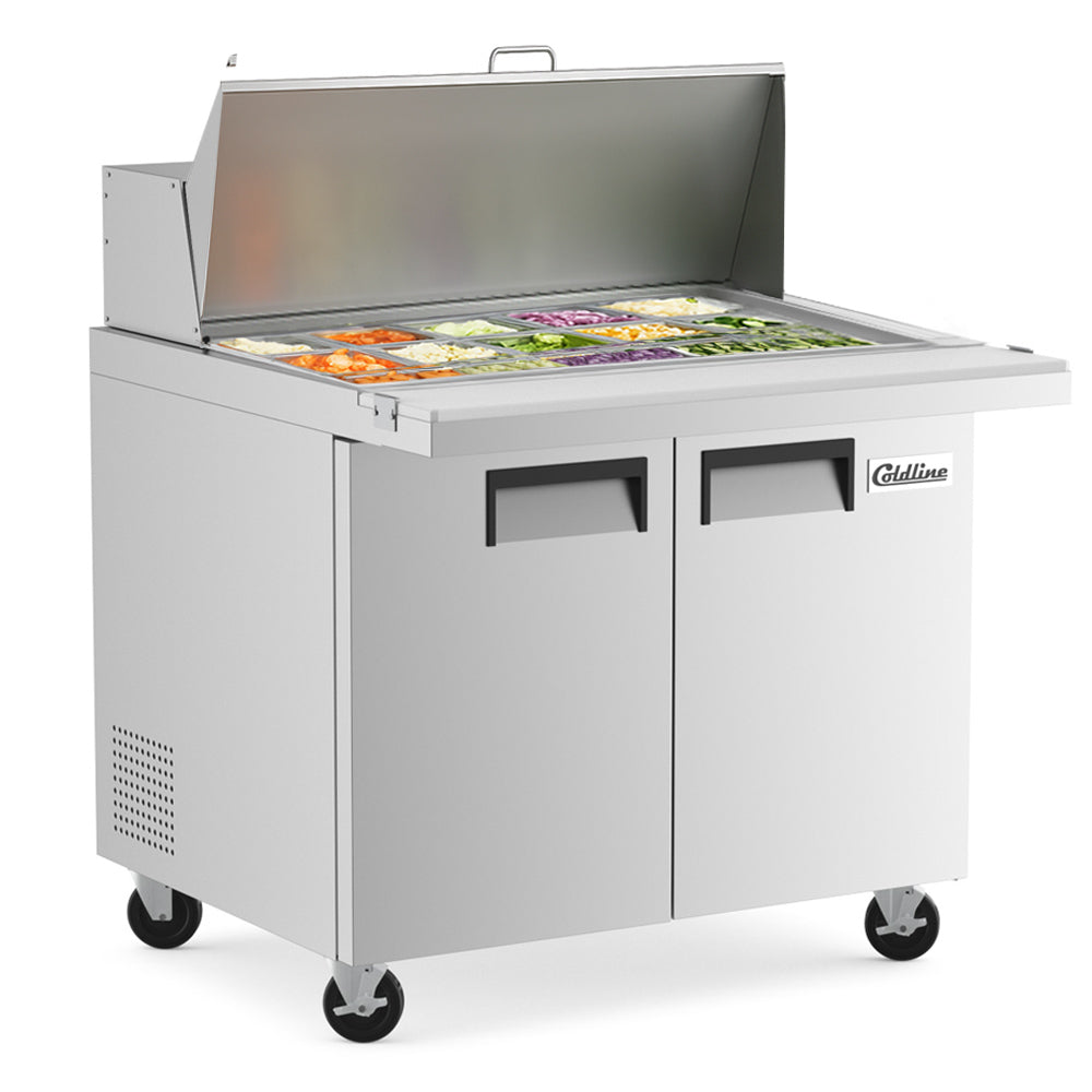 Coldline SMP36 sandwich prep table, lid open with ingredients in the pans (representative image)