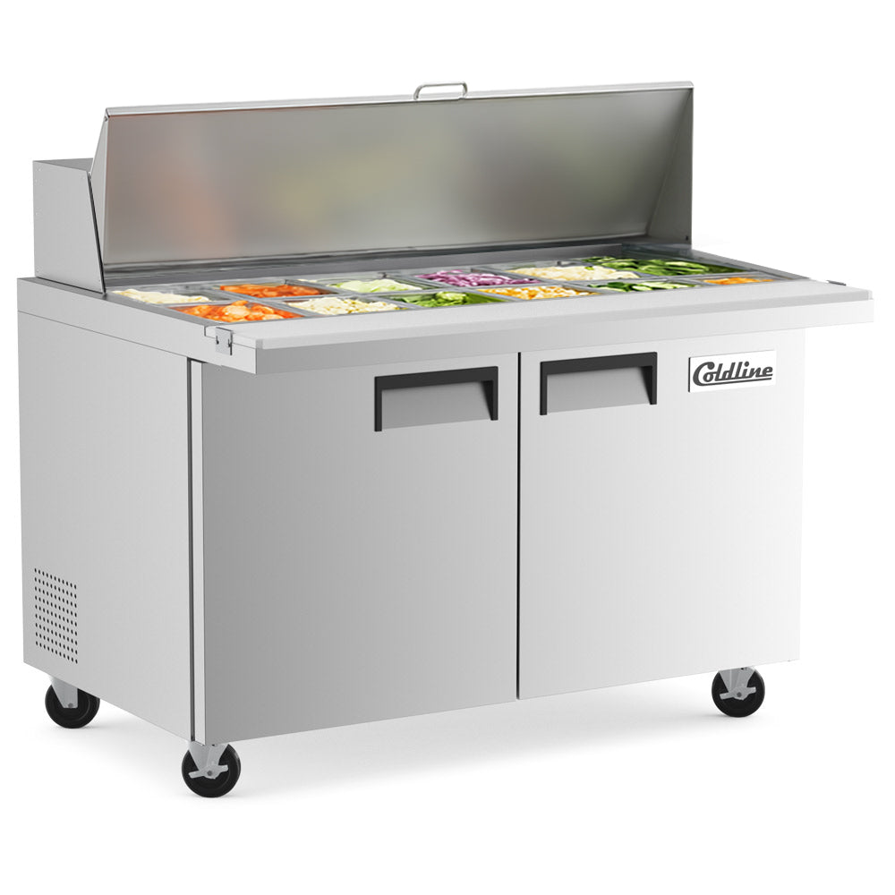 Coldline SMP48 sandwich prep table, lid open with ingredients in the pans (representative image)