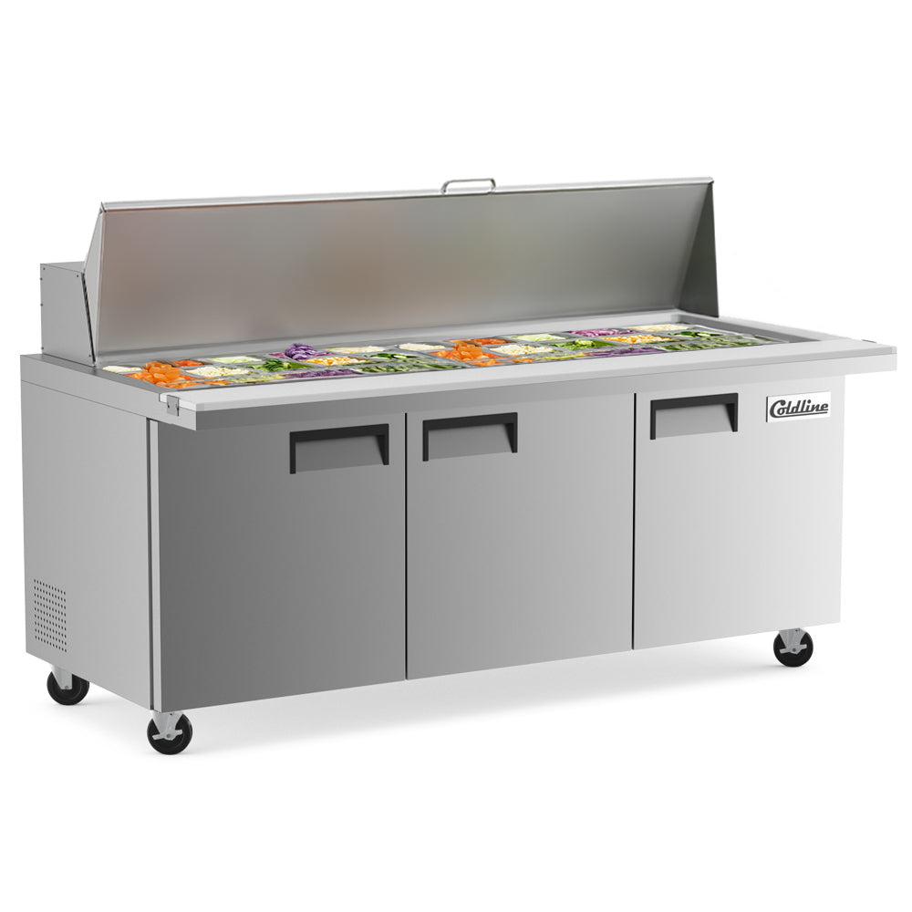 Coldline SMP72 sandwich prep table, lid open with ingredients in the pans (representative image)
