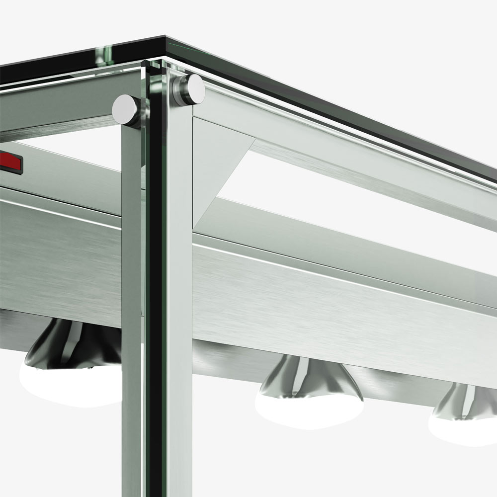 Prepline PSG-LT-74 lighted glass sneeze guard, frame and heat lamp close-up (representative image)