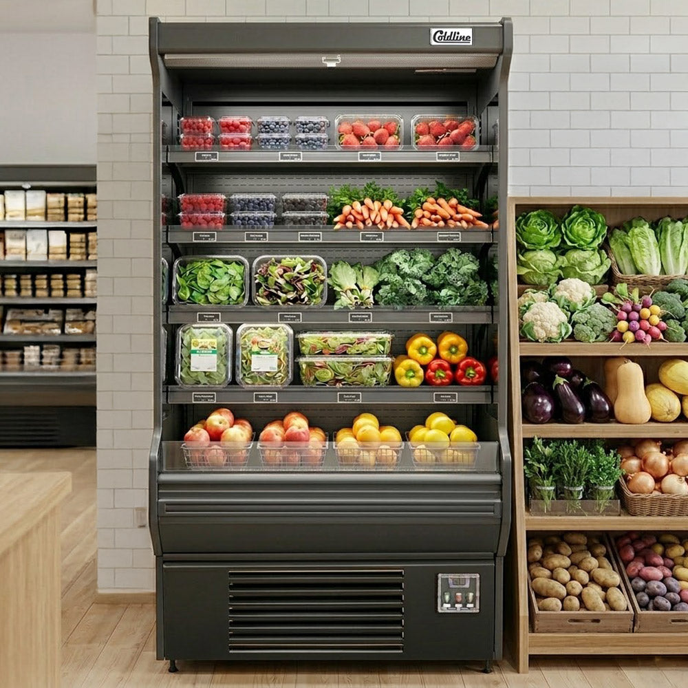 Coldline SOCD-51-B black open air merchandiser, stocked with produce in a market (representative image)
