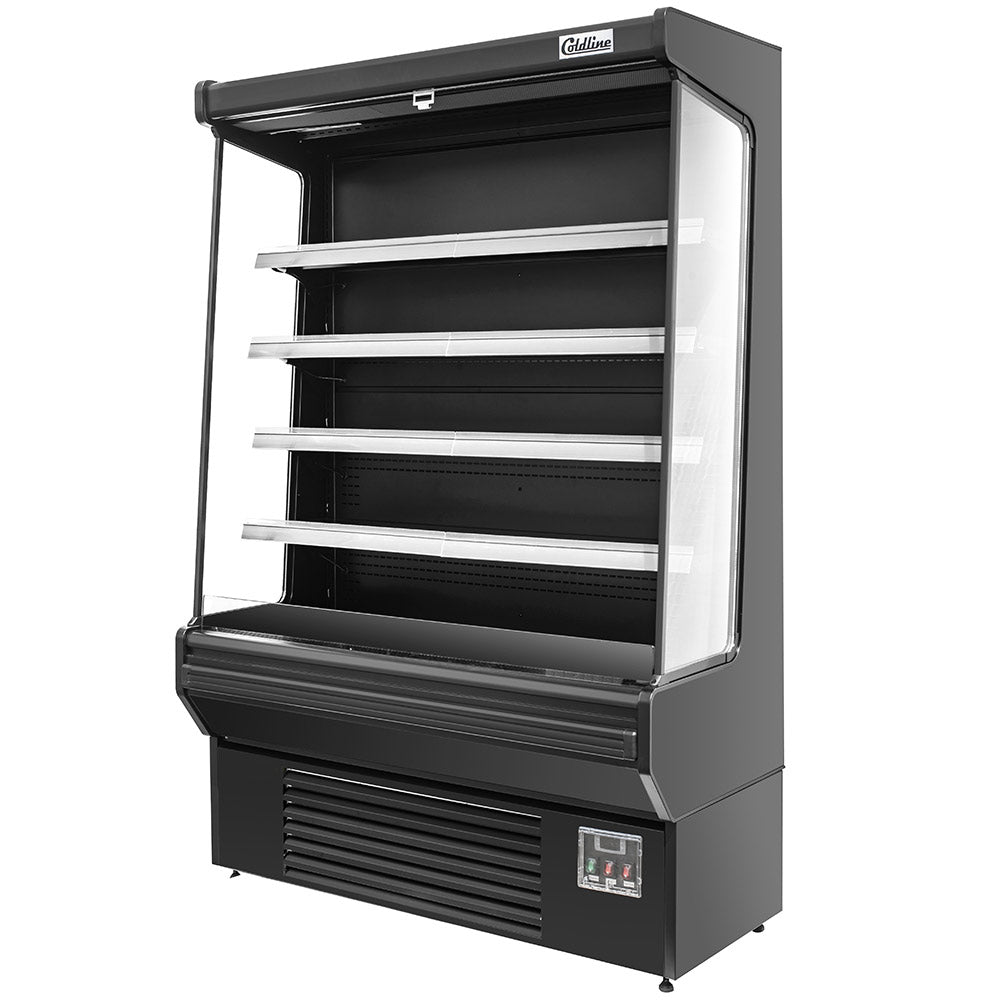Coldline SOC-51-B black open air merchandiser, angled front view from the other side, empty
