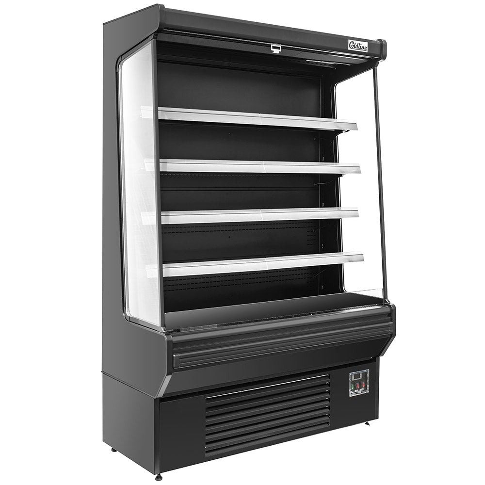Coldline SOC-51-B black open air merchandiser, angled front view, empty, lights on