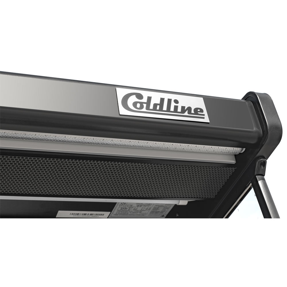 Coldline SOC-51-B black open air merchandiser, close-up of the canopy with the Coldline logo