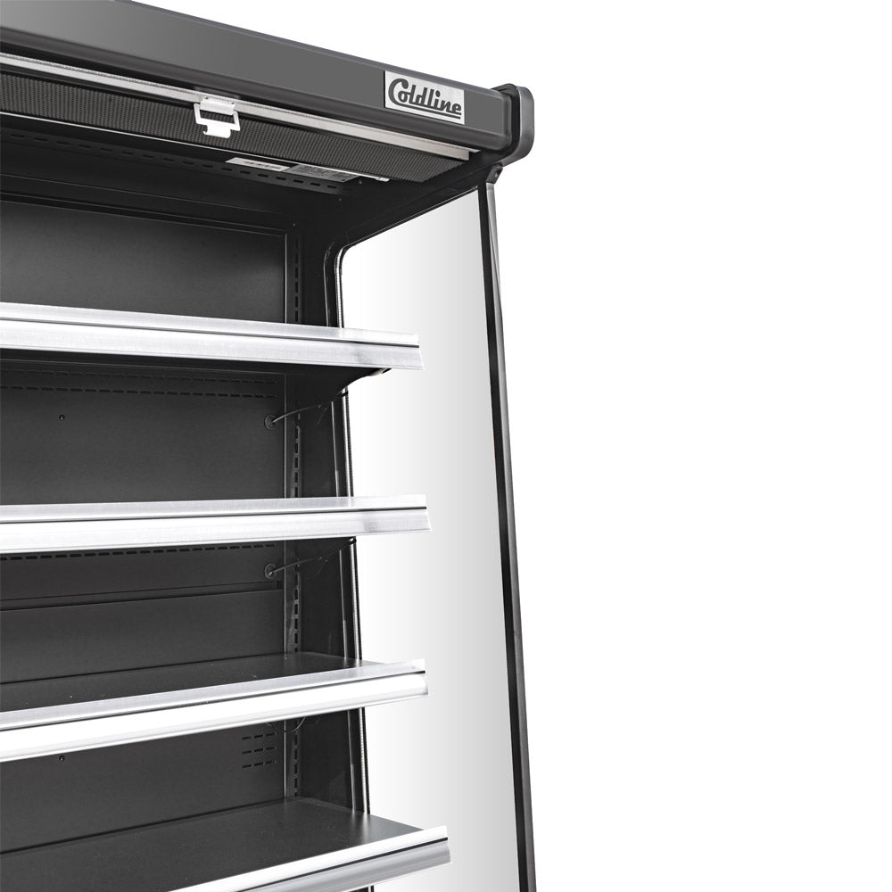 Coldline SOC-76-220-B black open air merchandiser, close-up of the top shelf and canopy